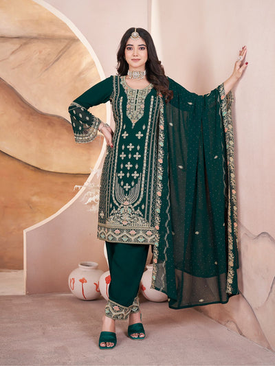 Odette Dark Green Georgette Embroidered Stitched Kurta Set For Women