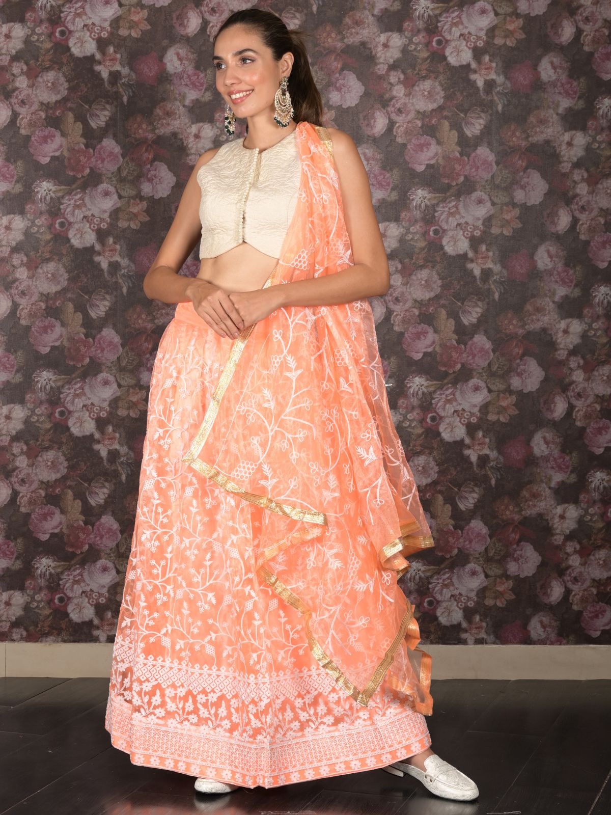 Odette Orange Thread Embroidered Semi-Stitched Net Lehenga with Unstitched Blouse for Women