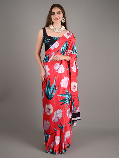 Red Satin Crepe Printed Saree With Unstitched Blouse