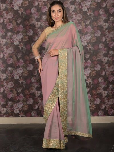 Odette Green and Pink Double Shaded Embroidered Crepe Saree with Unstitched Blouse for Women