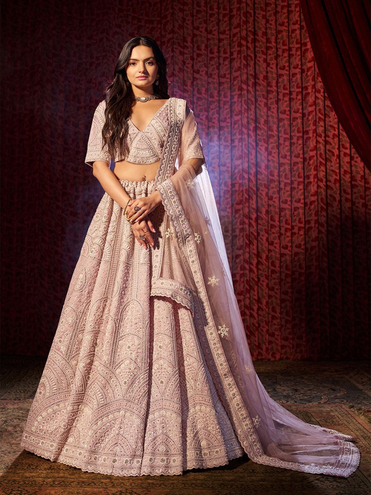 Odette Pink Silk Blend Embroidered Semi-Stitched Lehenga For Women