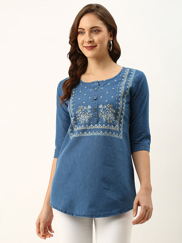 Odette Blue Embroidered Denim Stitched Short Kurta For Women