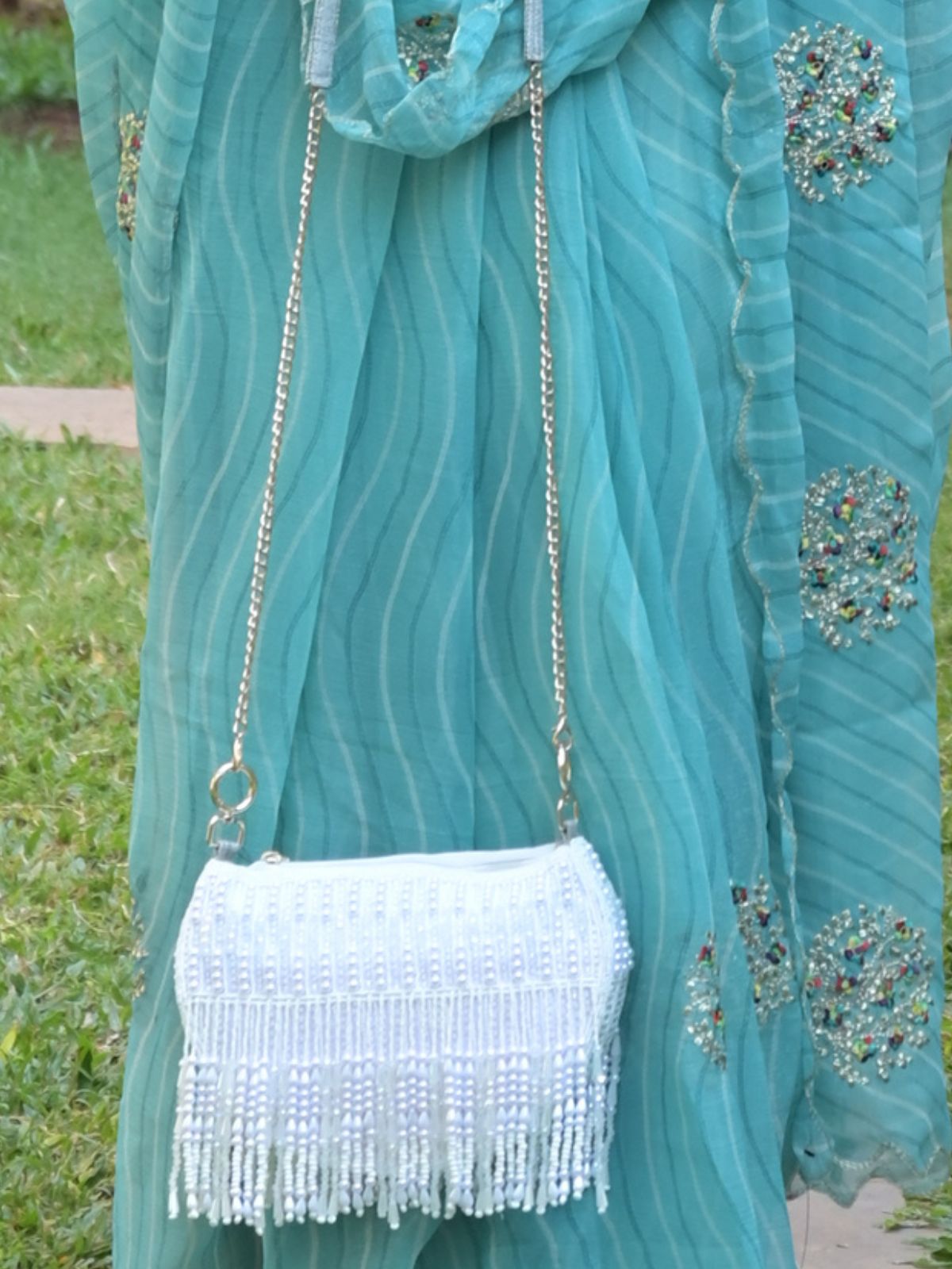 Odette White All-Pearls Tasseled Sling Bag For Women