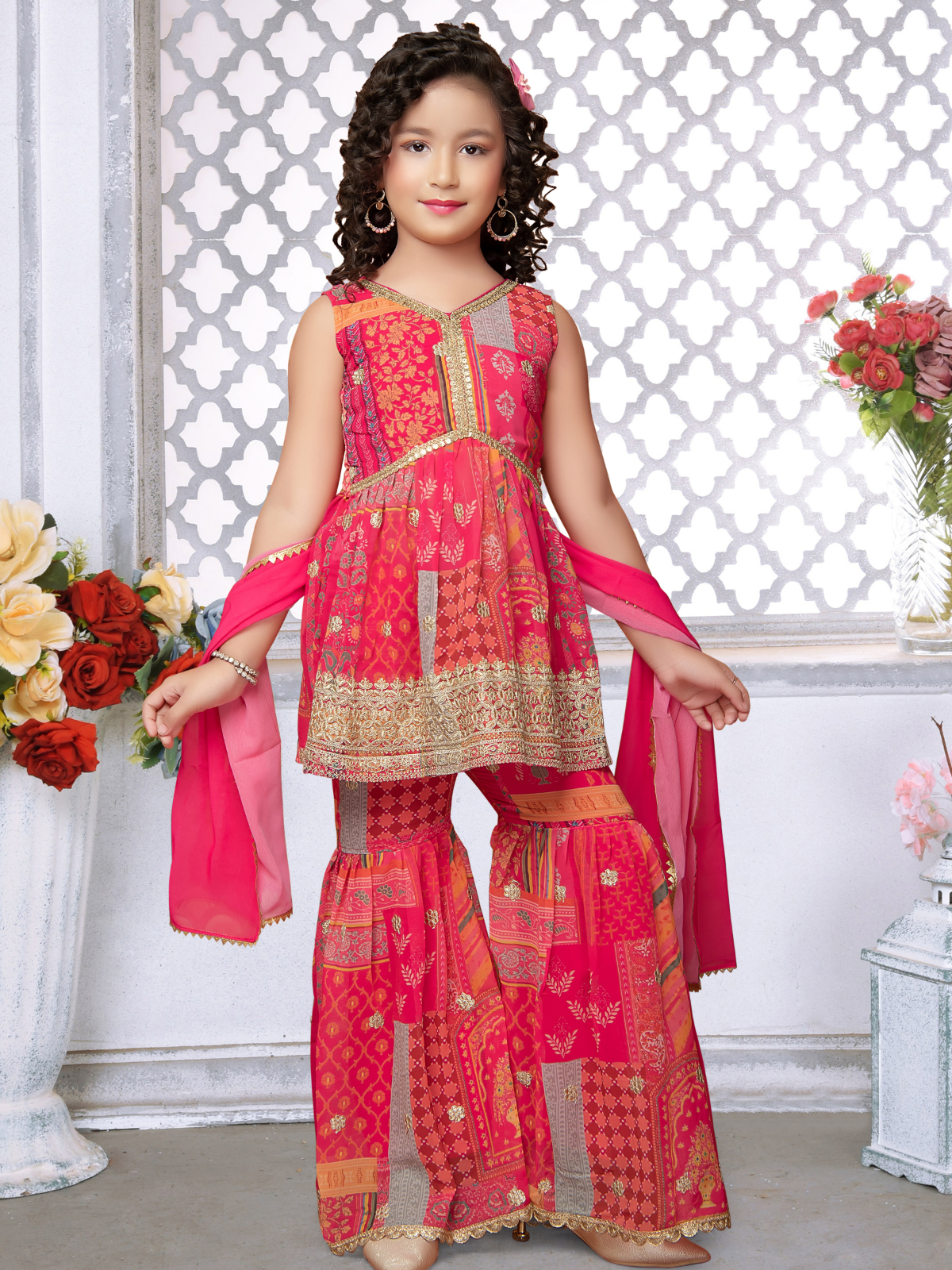 Odette Designer Pink Faux Georgette Printed Sharara Suit For Girls