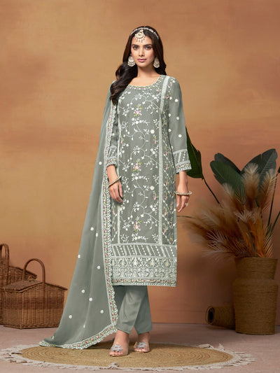 Odette Grey Embroidered Semi Stitched Kurta Set For Women