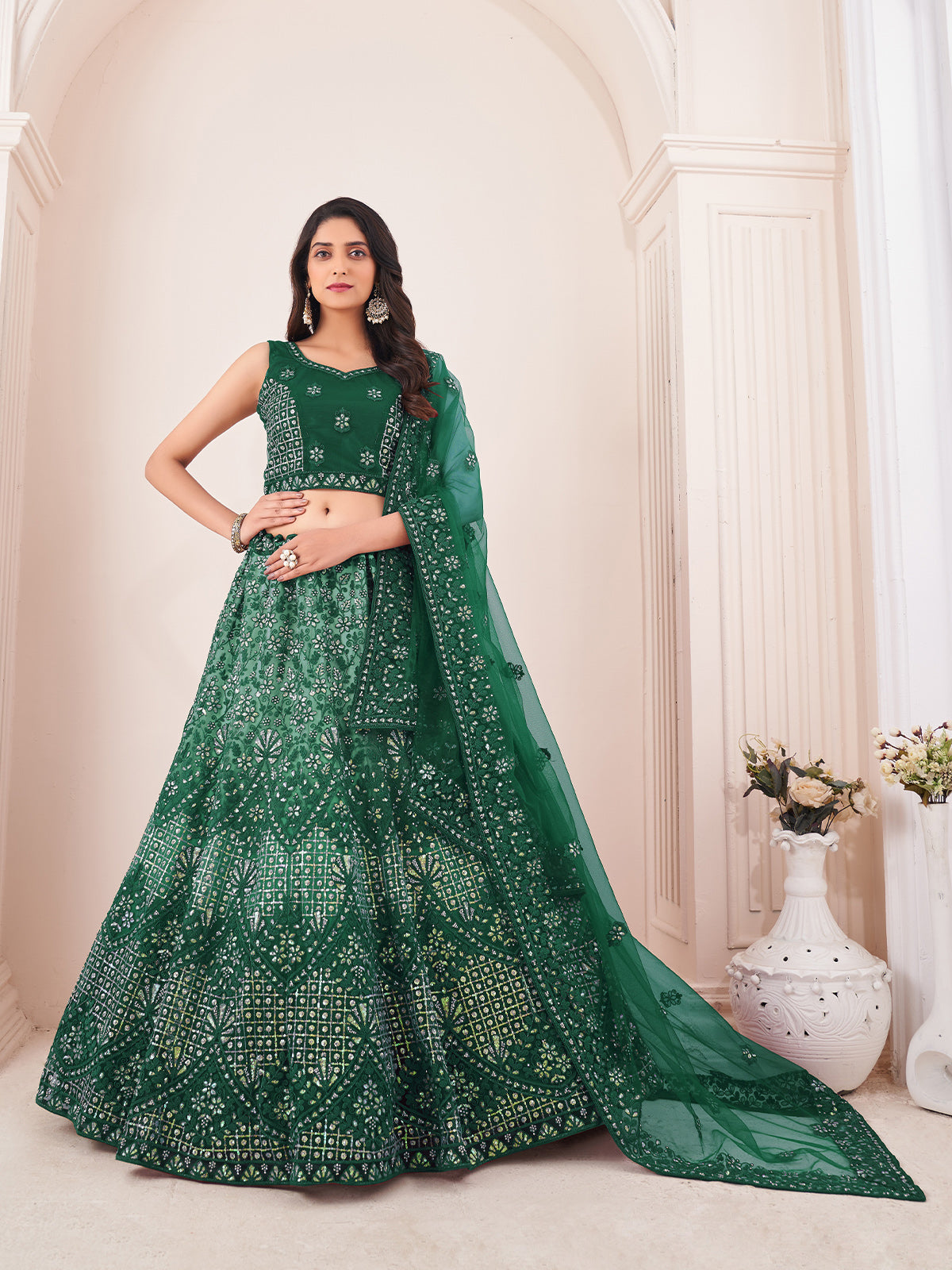 Odette Green Net Embroidered Semi Stitched Lehenga With Unstitched Blouse for Women