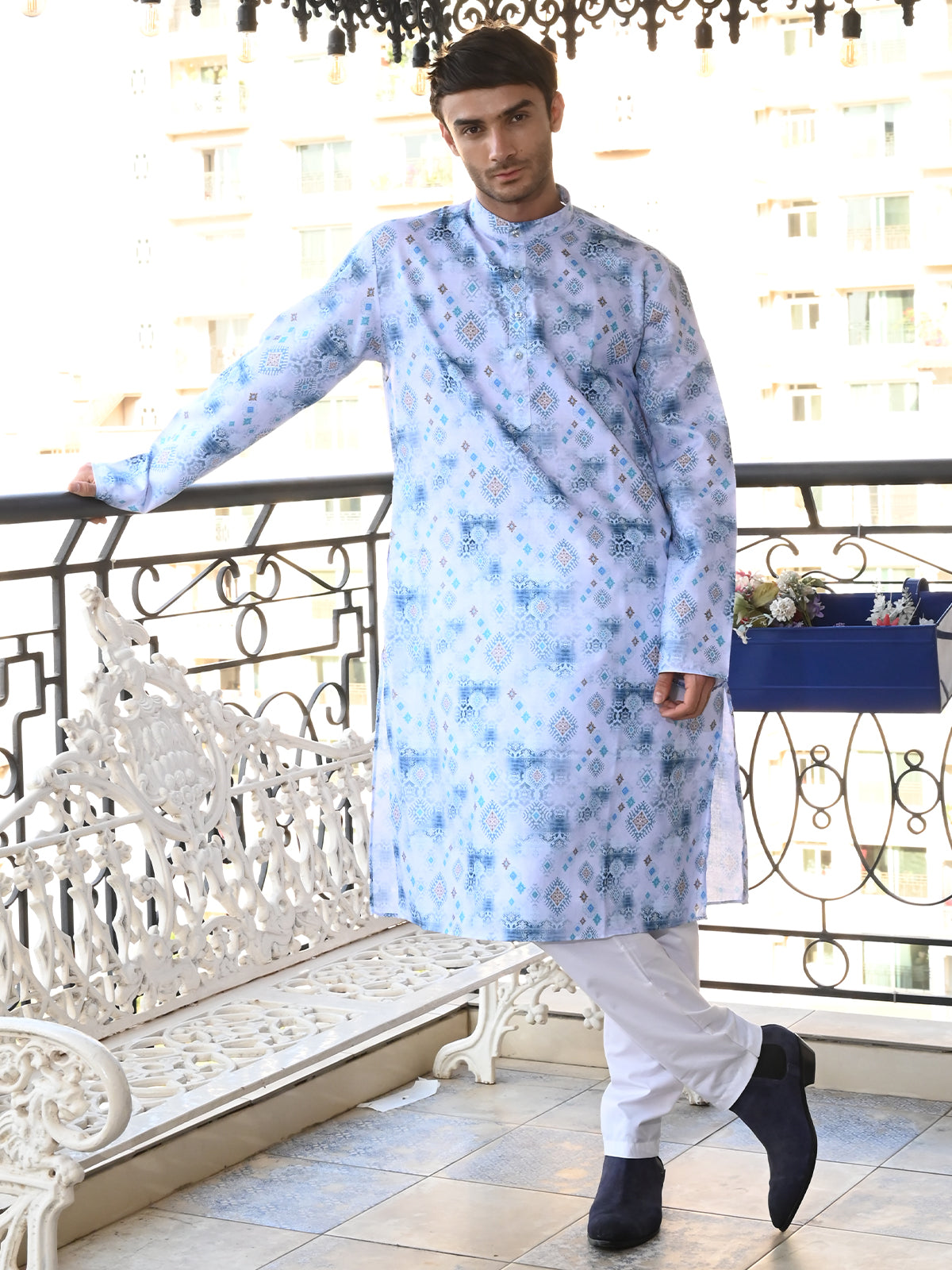 Odette Blue Printed Cotton Traditional Kurta Set For Men
