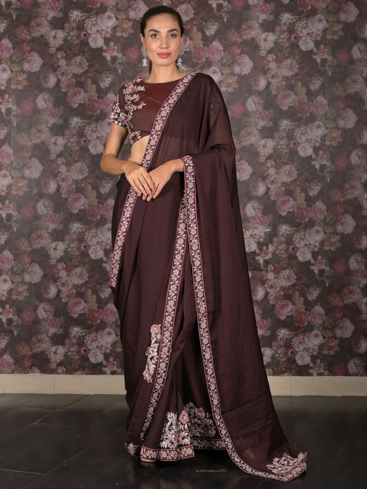 Odette Burgundy Georgette Embroidered Saree With Stitched Blouse For Women