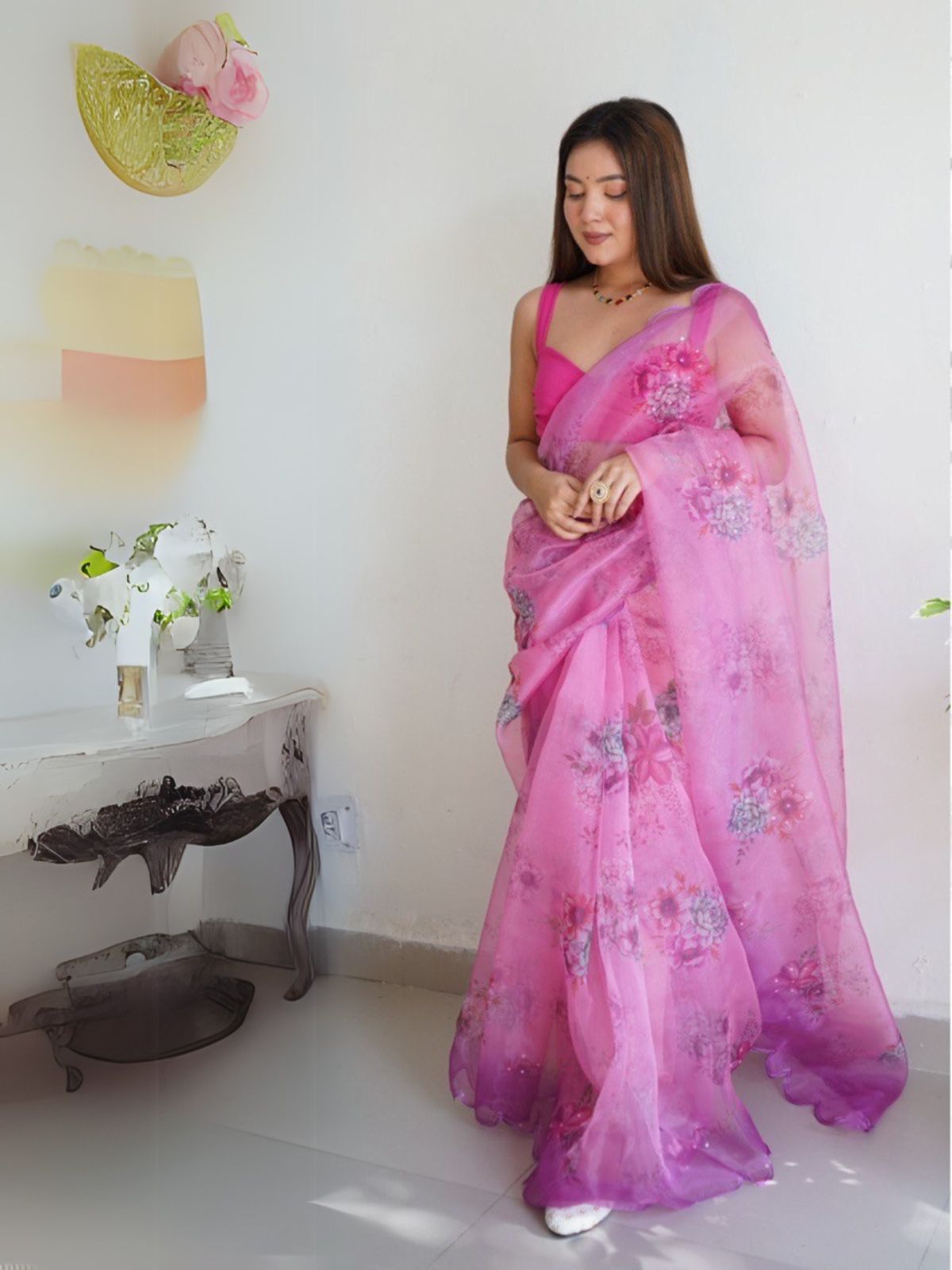 Odette Pink Organza Printed Saree With Unstitched Blouse For Women