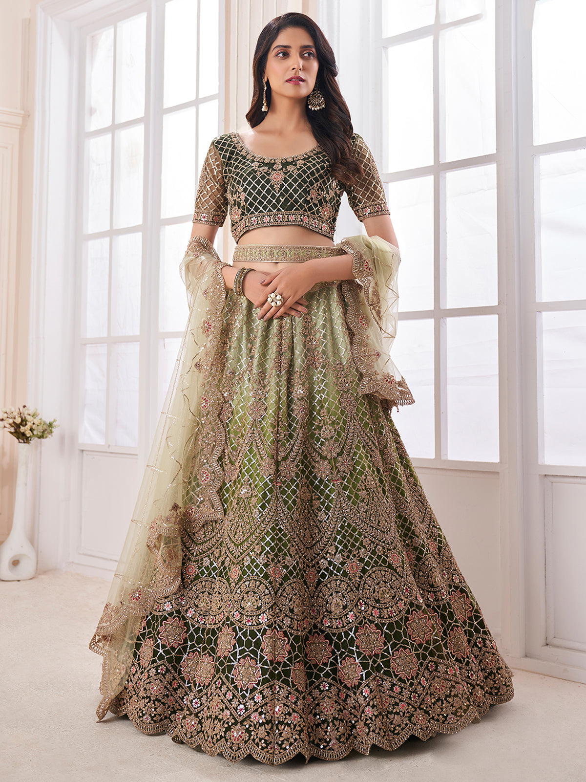 Sequins Embroidered Butterfly Net Lehenga Choli in Olive Green - Ucchal  Fashion
