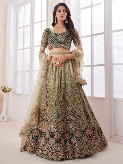 Odette Women Olive Embroidered Soft Net Semi Stitched Lehenga With Blouse Piece