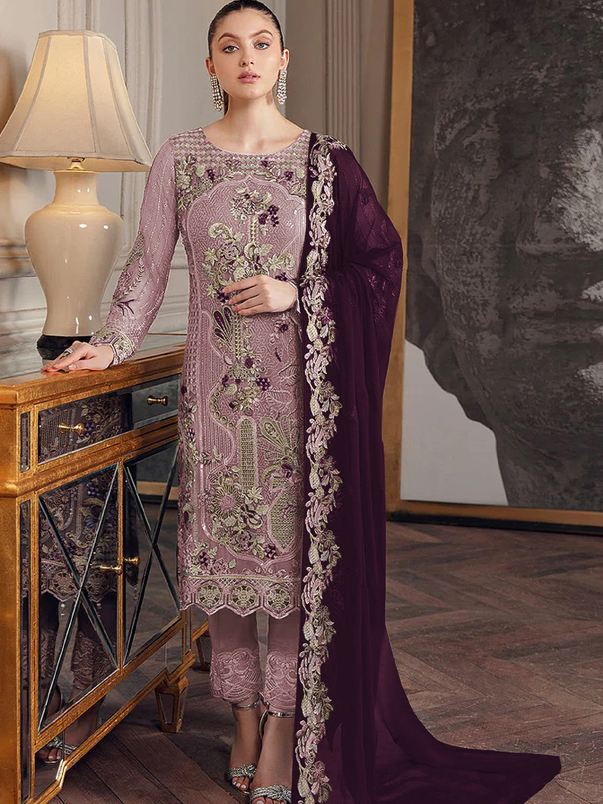 Odette Women Purple Embroidered Georgette Semi Stitched Salwar Suit