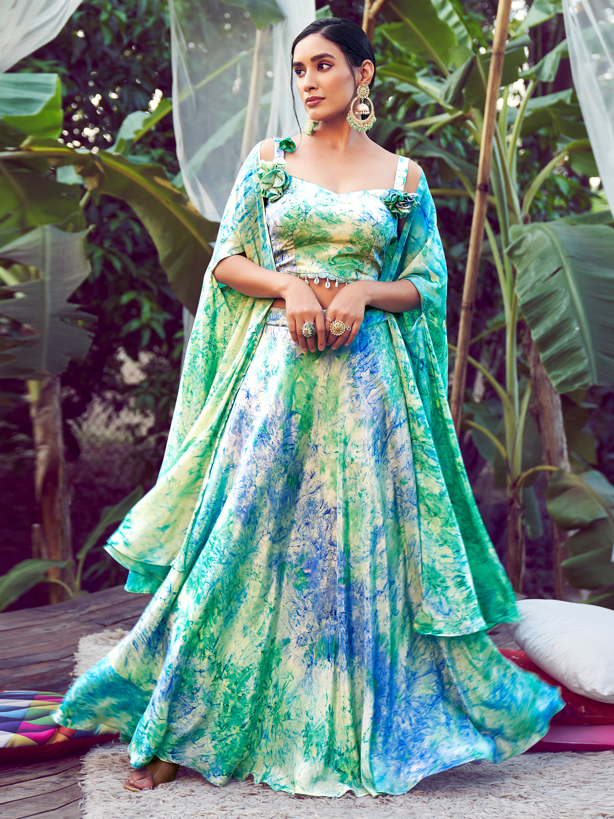 Mint Green Lehenga Choli With Embroidery With Print And Swar