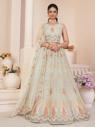 Odette White Georgette Embroidered Semi Stitched Lehenga With Unstitched Blouse for Women