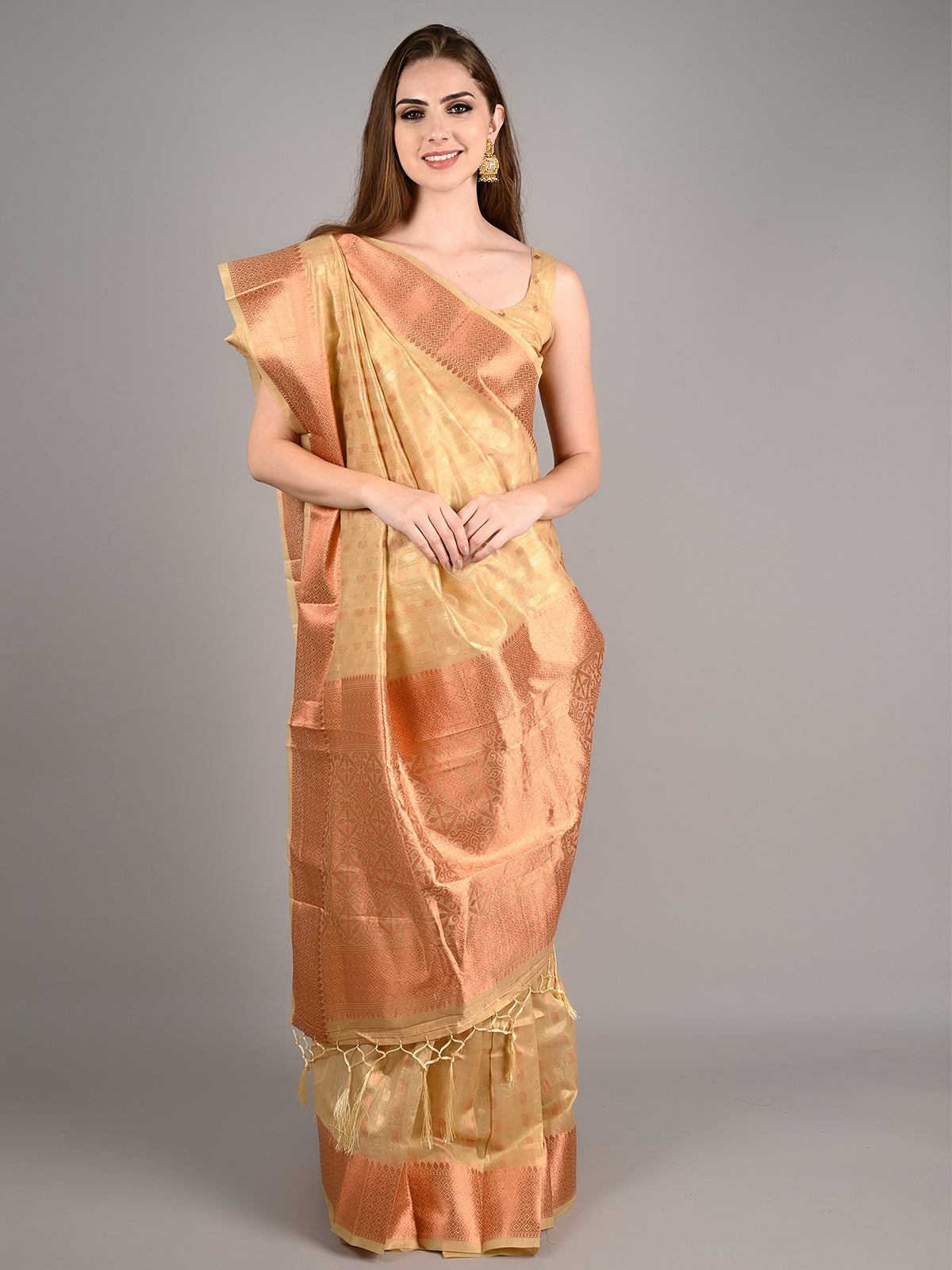 Beige Tissue Woven Saree With Unstitched Blouse