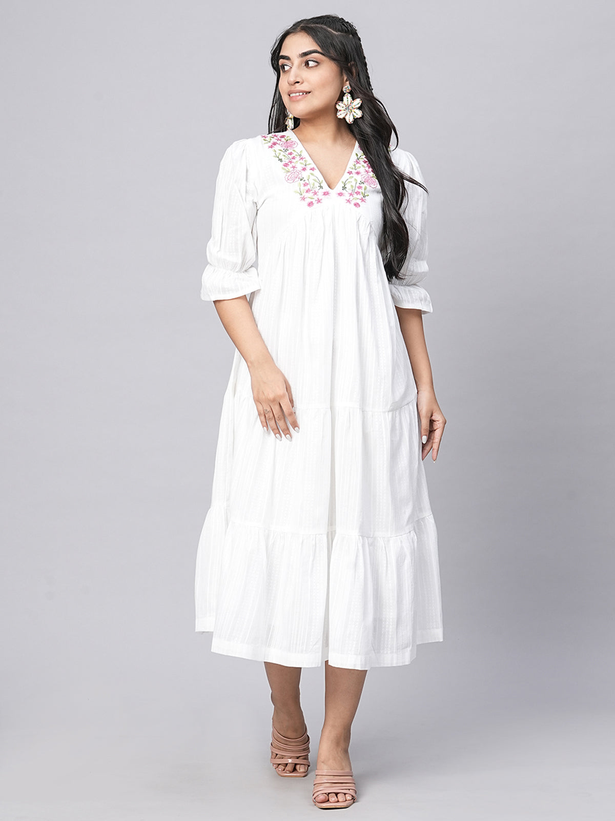 Odette White Cotton Embroidered Fit and Flared Stitched Indo Western Dress for Women