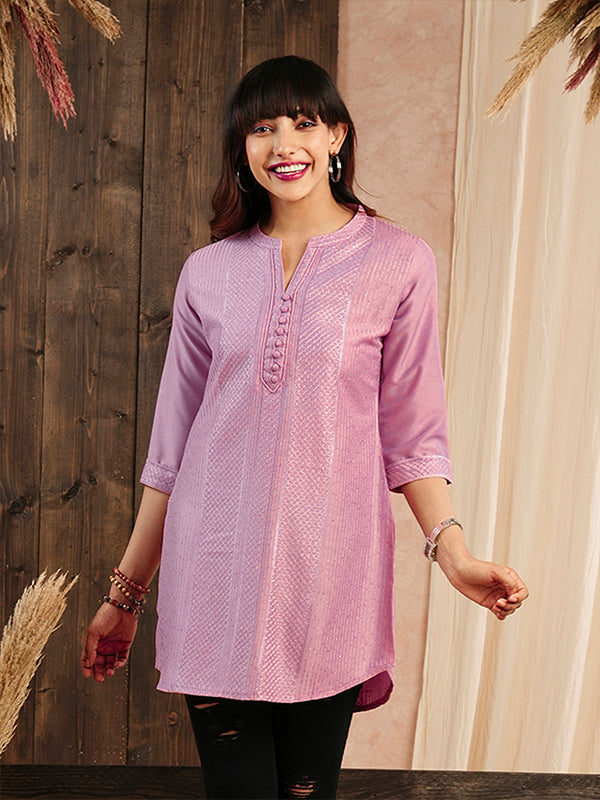 Odette Pink Embroidered Chanderi Silk Stitched Short Kurta For Women