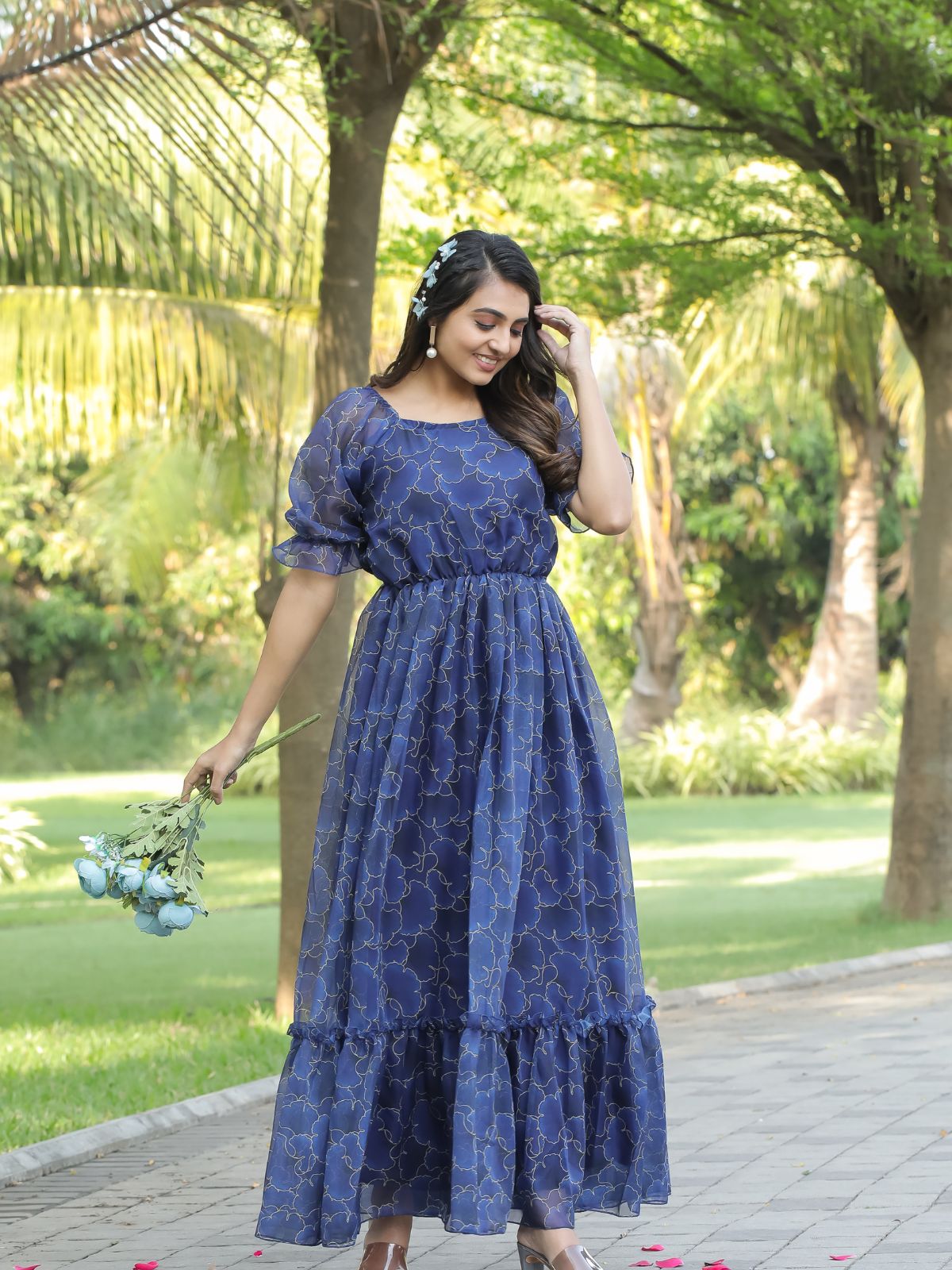 Odette Dark Blue Georgette Stitched Printed Indo Western Dress For Wom