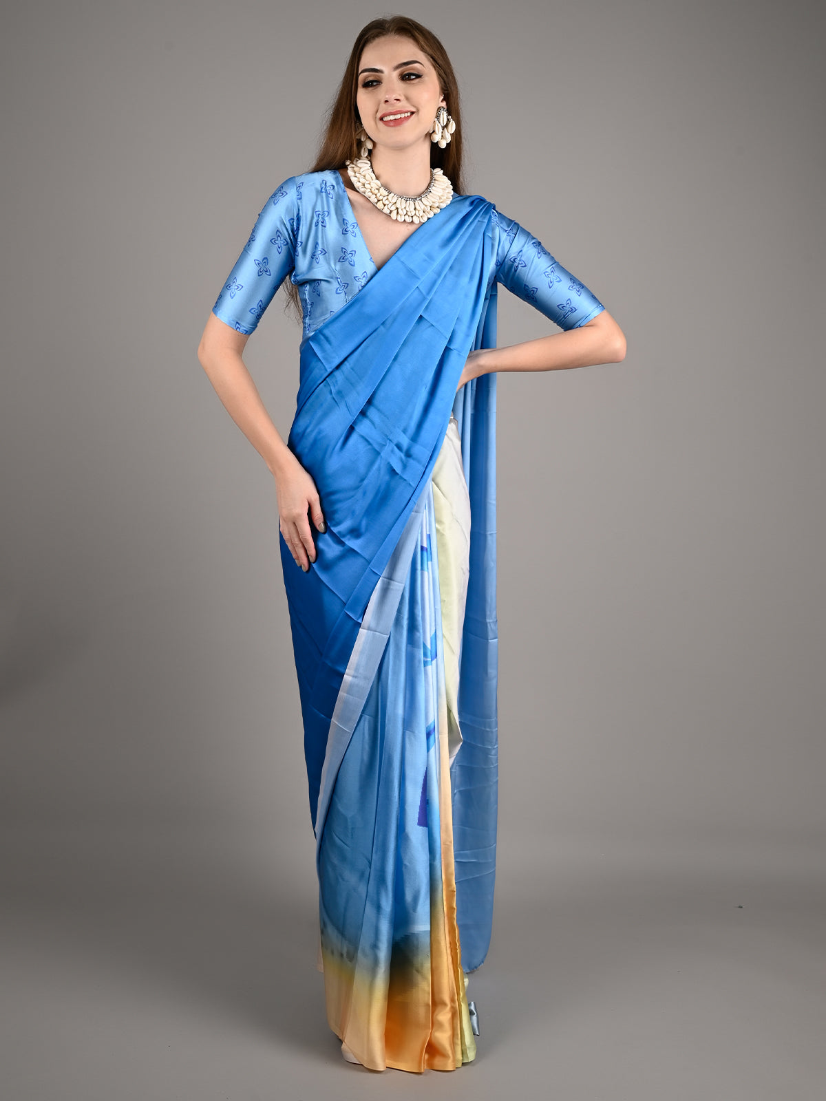 Yellow And Blue Satin Crepe Printed Saree With Unstitched Blouse