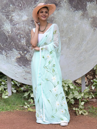 Odett Sea Green Printed Chiffon Saree with Unstitched Blouse for Women