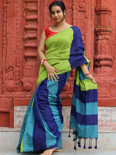 Odette Green and Blue Cotton  Saree  With Unstitched Blouse for Women