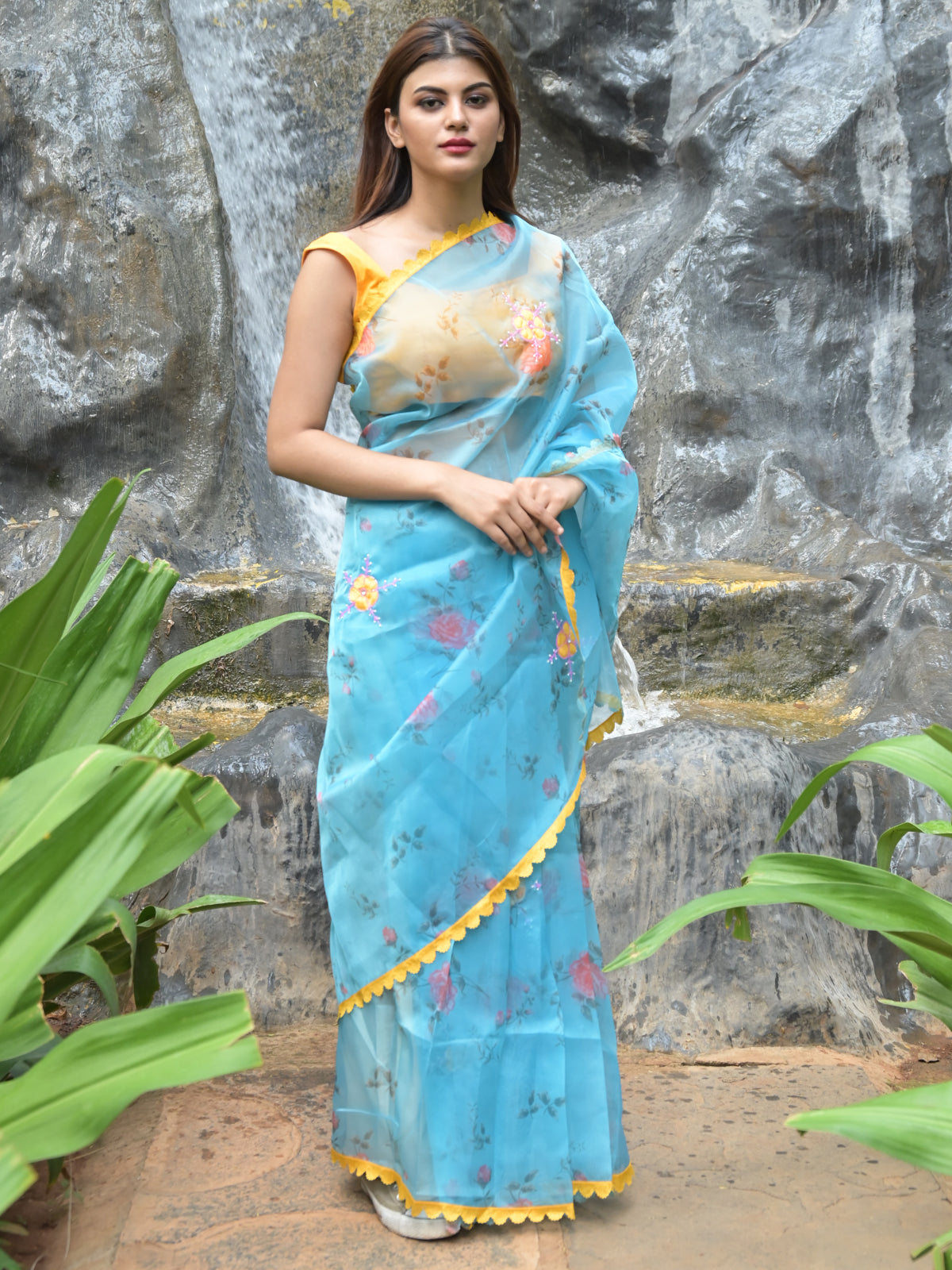 Odette Light Blue Floral Printed Organza Saree with Unstitched Blouse for Women