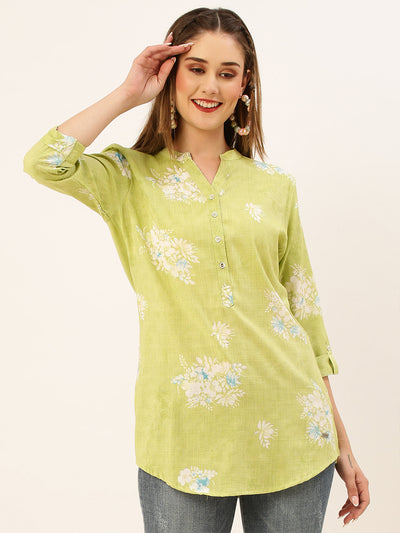Odette Green Printed Rayon Stitched Short Kurta For Women