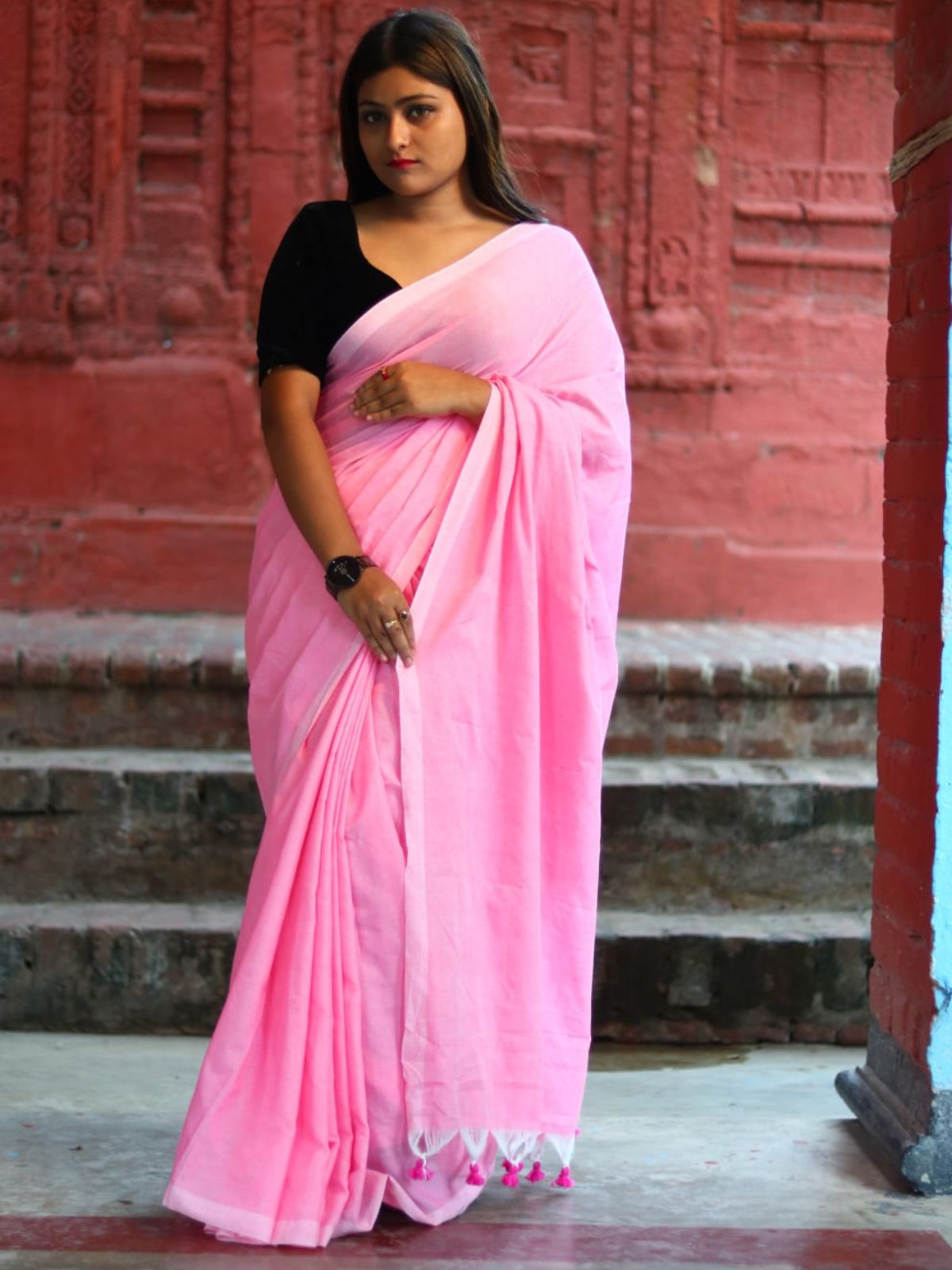 Odette Pink Cotton  Saree  With Unstitched Blouse for Women