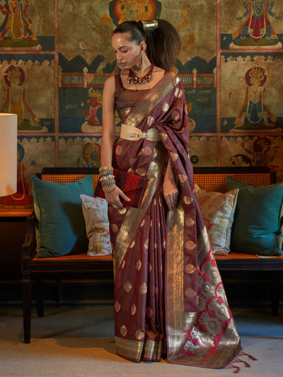 Odette Brown Silk Blend Woven Saree With Unstitched Blouse for Women