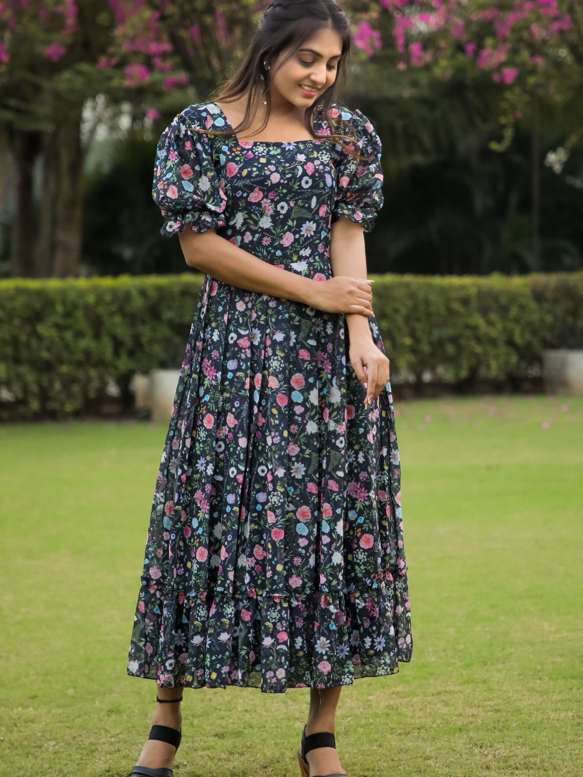 Odette Black Georgette Stitched Floral Printed Indo Western Dress For Women