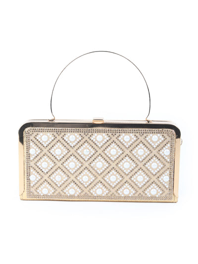 Odette Gold Pearl and Stone Embellished Box Clutch for Women