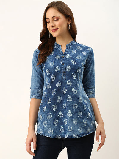 Odette Blue Printed Denim Stitched Short Kurta For Women