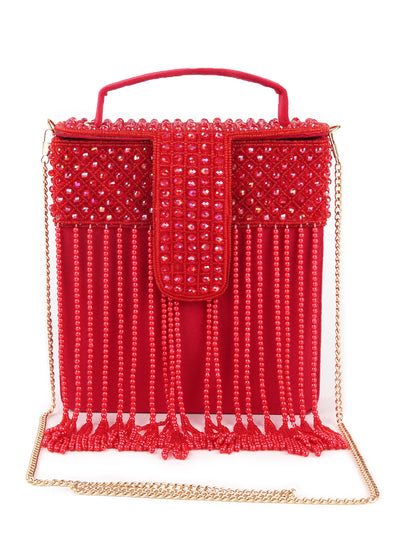 Odette Women Red Beaded Clutch Bag With Tassels