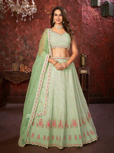 Odette Green Georgette Embellished Semi Stitched Lehenga With Unstitched Blouse for Women