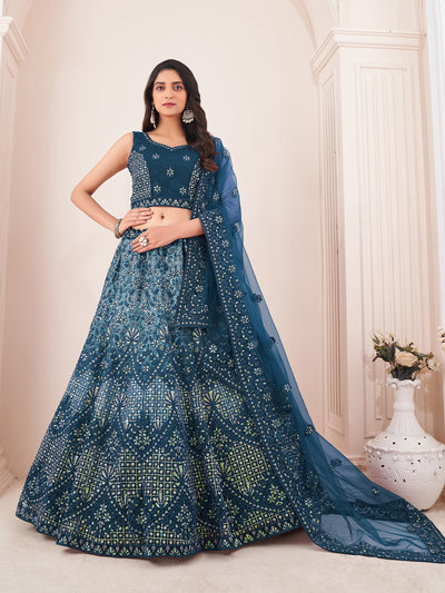Odette Blue Net Embroidered Semi Stitched Lehenga With Unstitched Blouse for Women