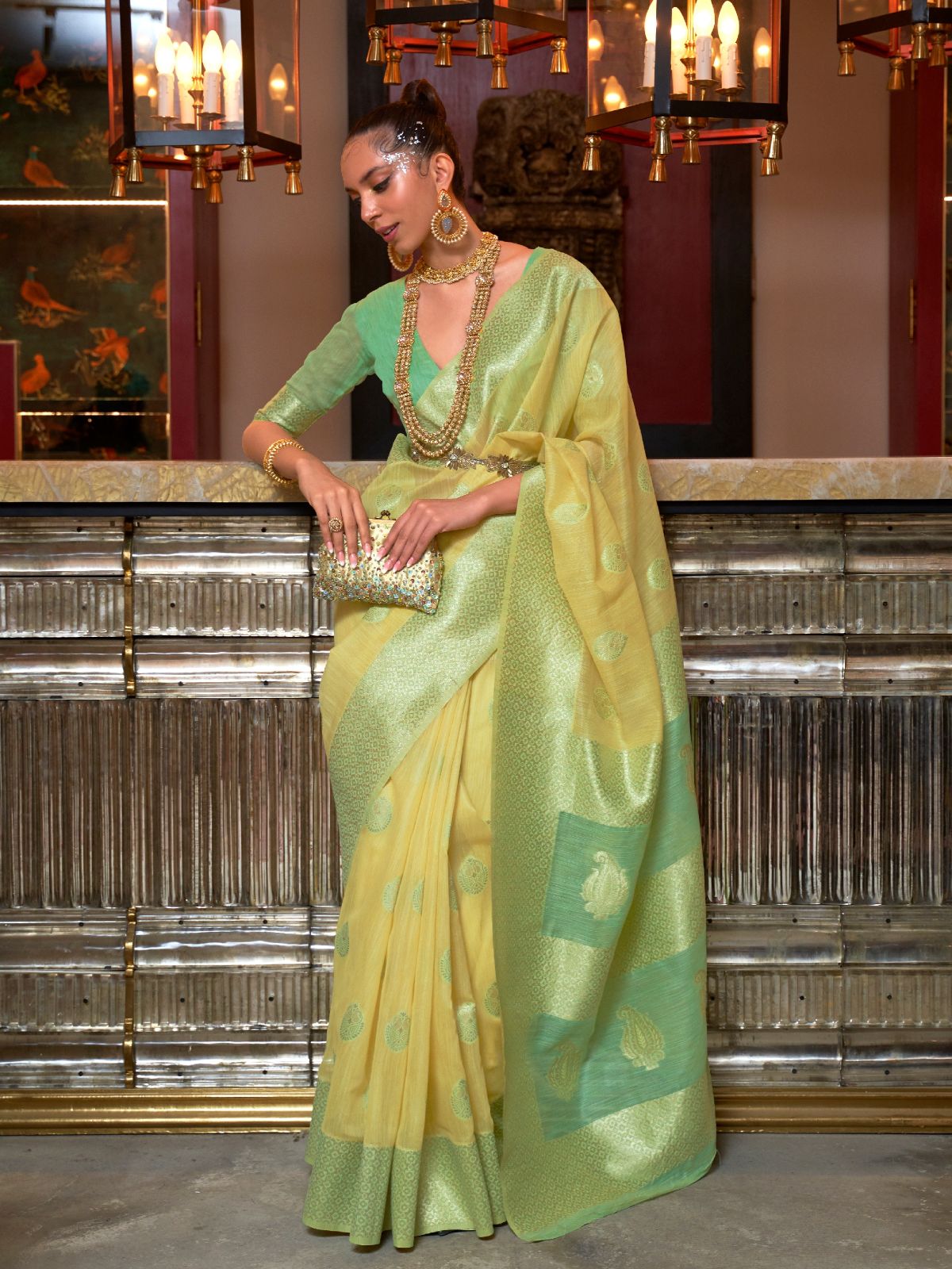 Odette Yellow Linen Woven Saree With Unstitched Blouse for Women