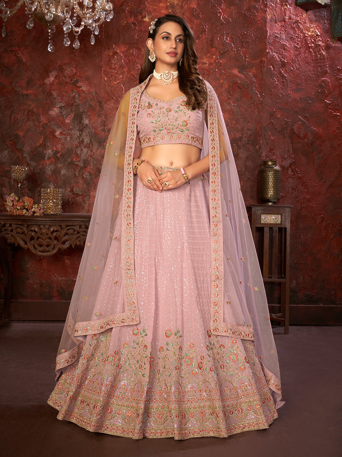 Odette Pink Georgette Embellished Semi Stitched Lehenga With Unstitched Blouse for Women