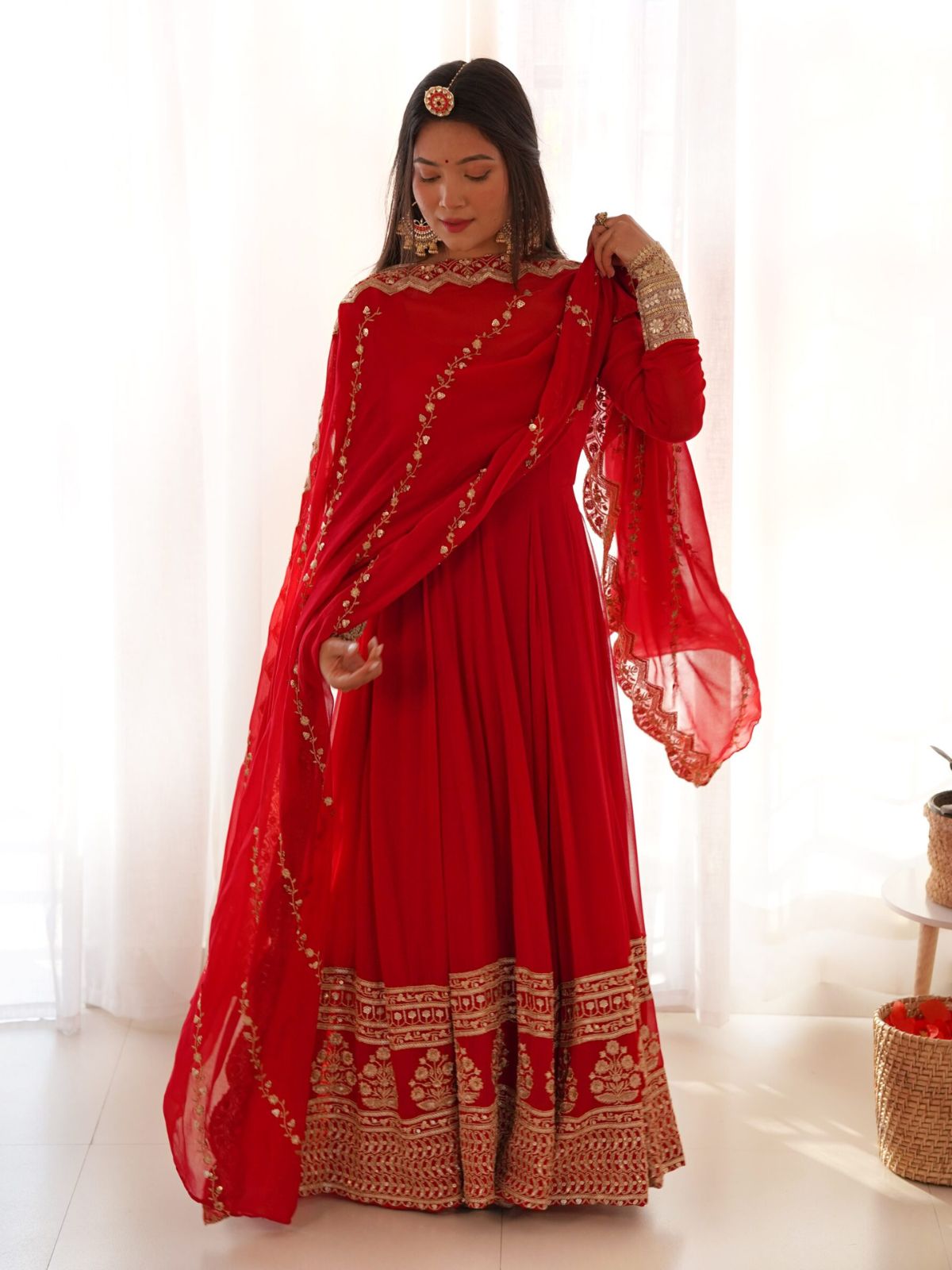 Odette Red Georgette Embroidered Stitched Gown For women