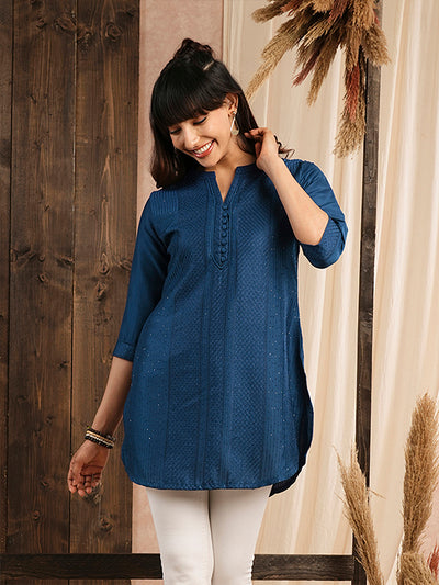 Odette Blue Embroidered Chanderi Silk Stitched Short Kurta For Women