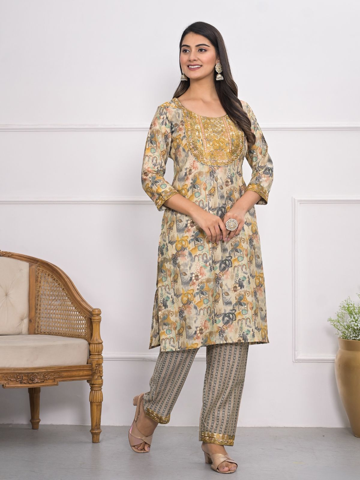 Odette Mustard and grey Chanderi Embroidered And Printed Stitched Kurta Set Without Dupatta For Women