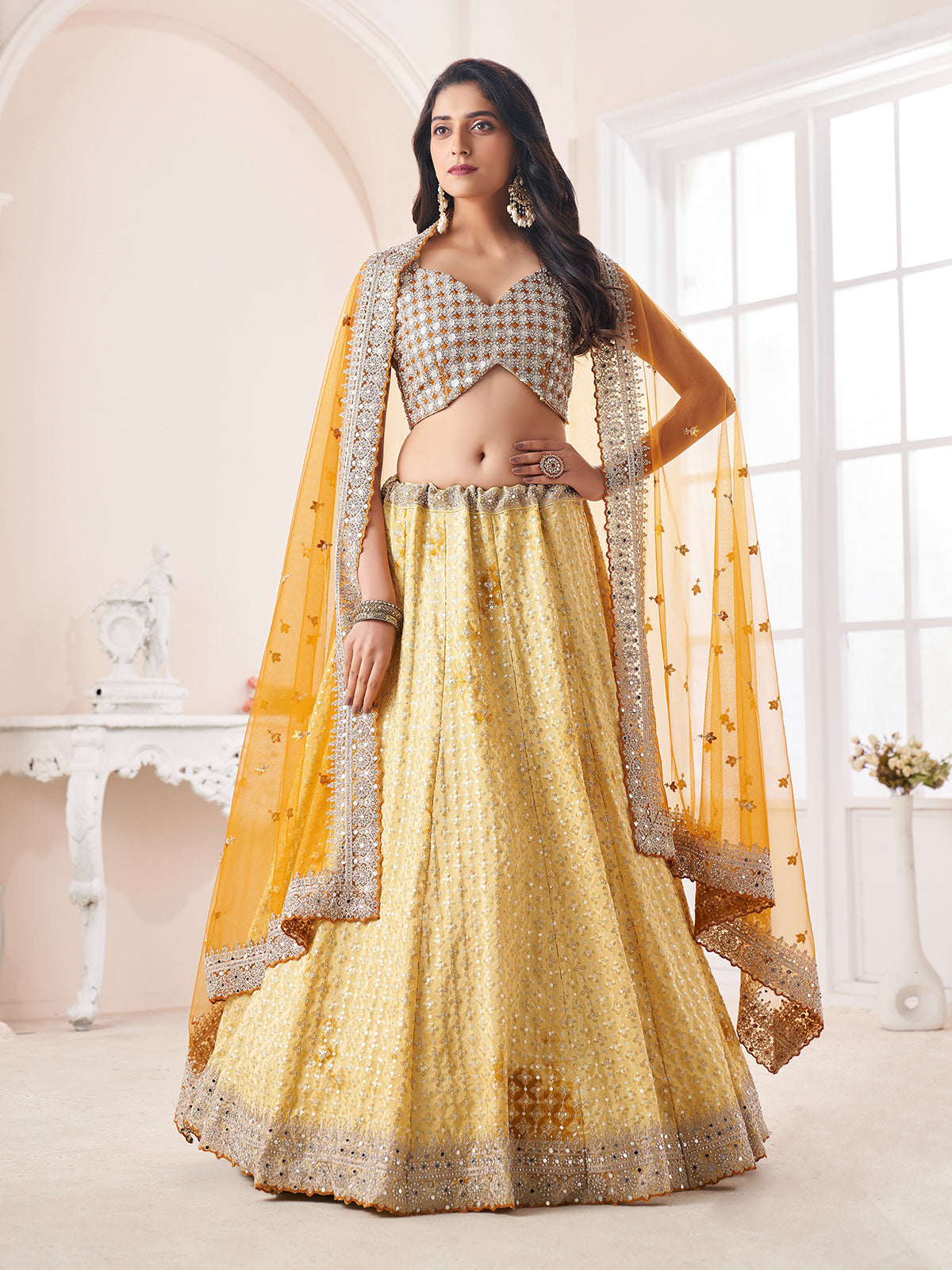 Odette Yellow Shibori Crepe Embroidered Semi Stitched Lehenga With Unstitched Blouse for Women