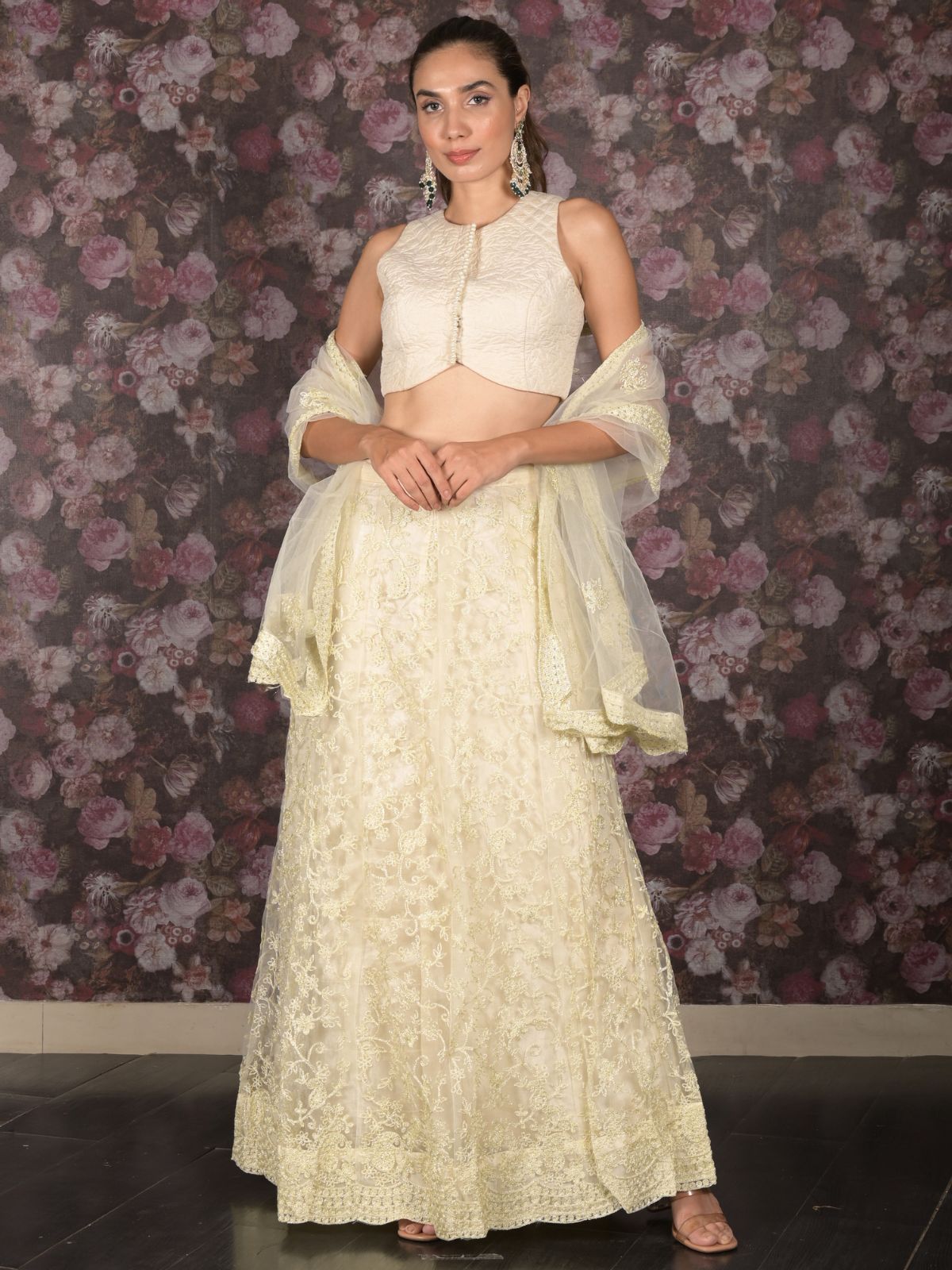 Odette Off White Embroidered Net Semi-Stitched Lehenga with Unstitched Blouse for Women