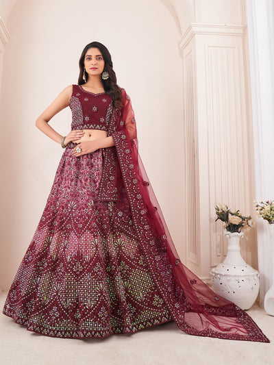 Odette Maroon Net Embroidered Semi Stitched Lehenga With Unstitched Blouse for Women