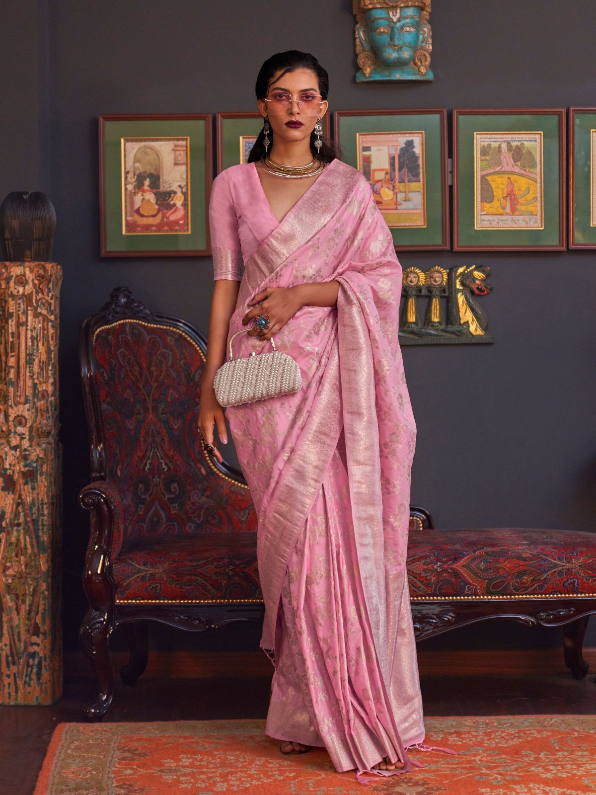 Odette Pink Silk Blend Woven Saree With Unstitched Blouse For Women