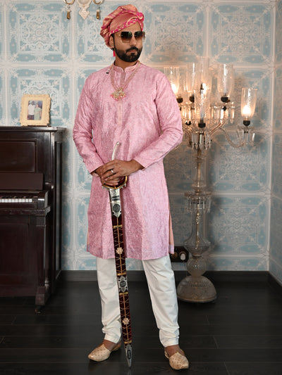 Odette Pink Printed Embroidered Cotton Kurta Set For Men