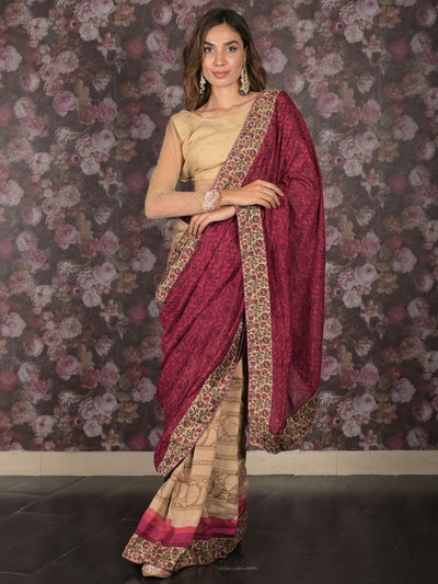 Odette Purple Printed Chiffon Saree Without Blouse for Women