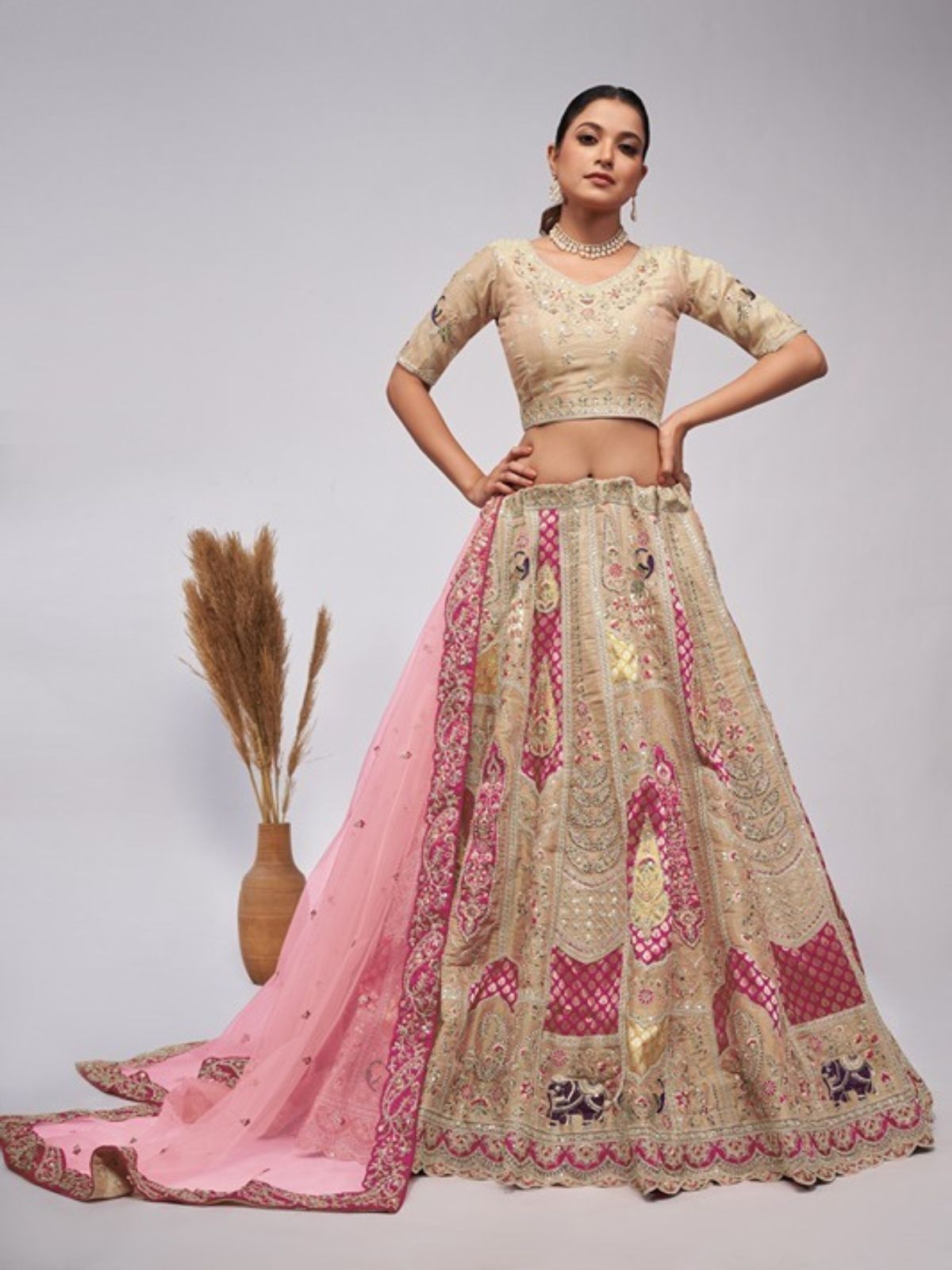 Odette Gold Organza Embellished Semi-Stitched Lehenga With Unstitched Blouse For Women