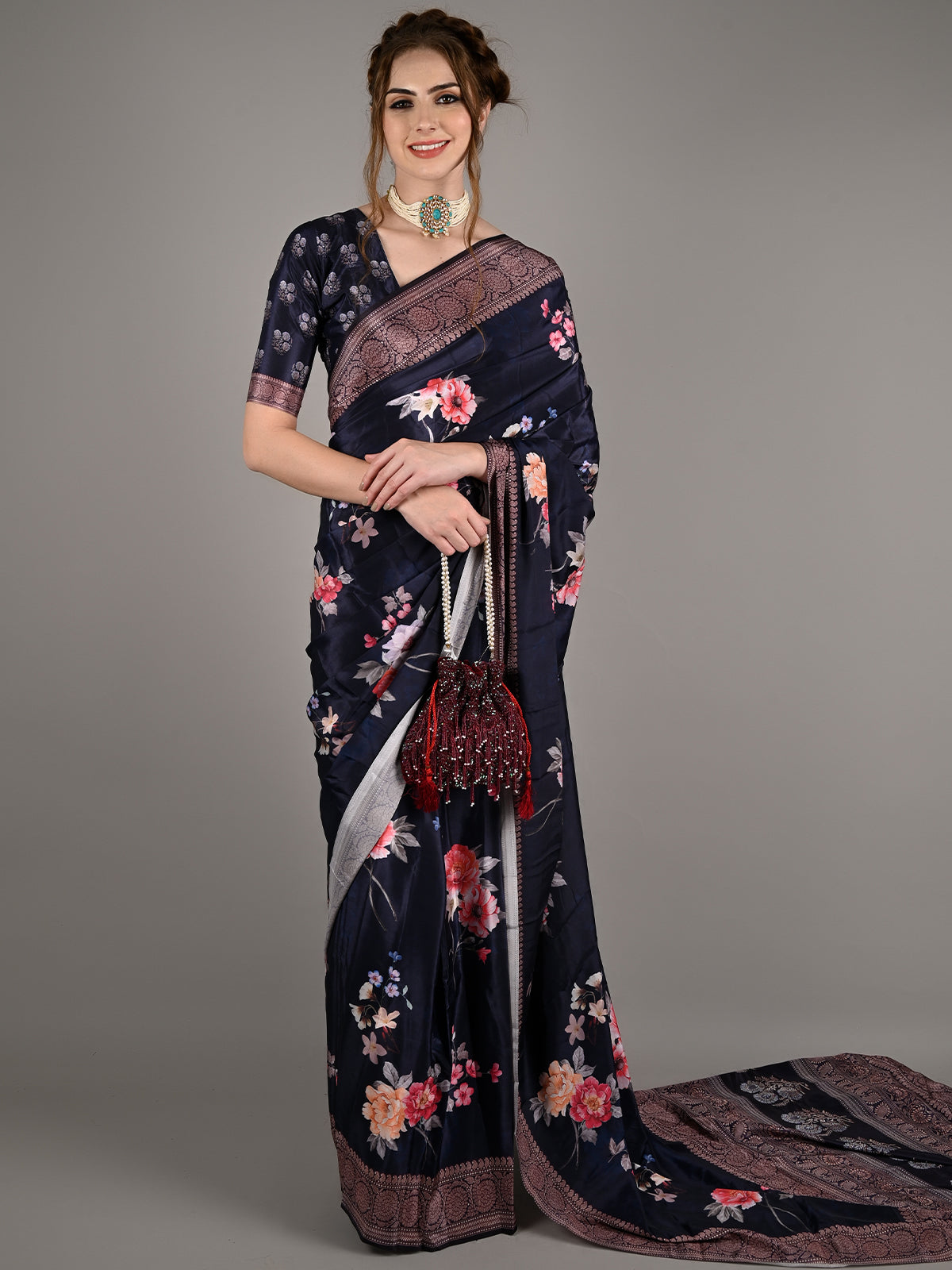 Dark Blue Silk Crepe Floral Printed Saree With Unstitched Blouse