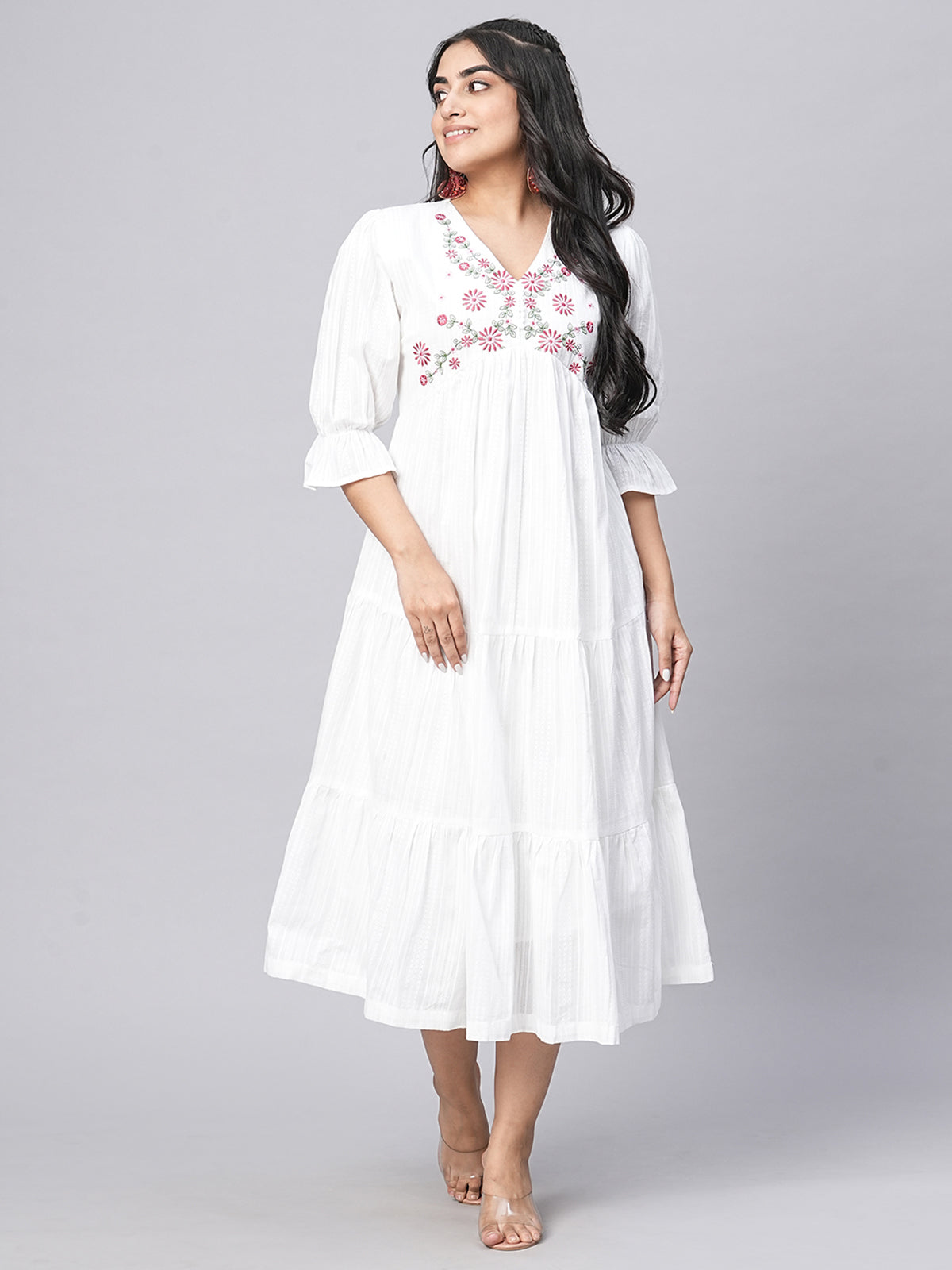 Odette White Cotton Embroidered Fit and Flared Stitched Indo Western Dress for Women