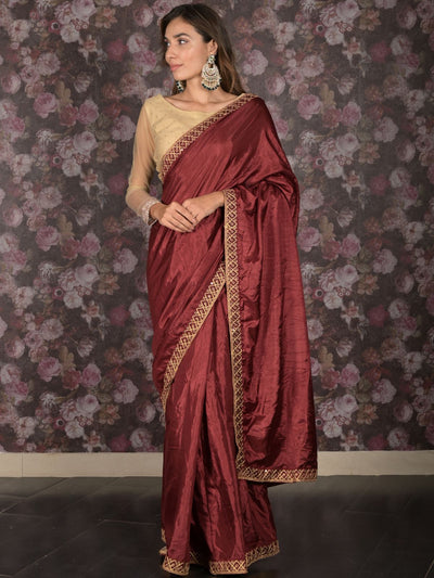 Odette Maroon Embroidered Silk Blend Saree with Unstitched Blouse for Women